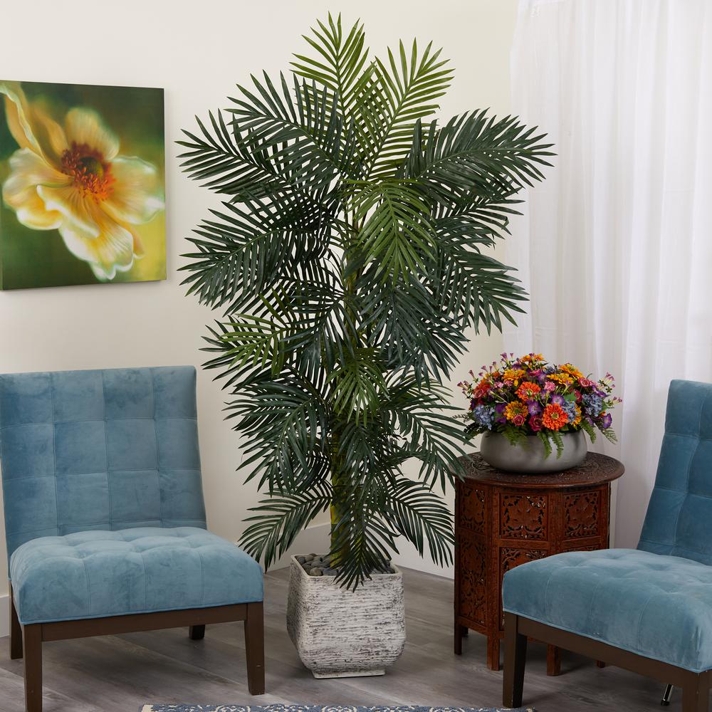 6.5ft. Golden Cane Artificial Palm Tree in White Planter. Picture 3