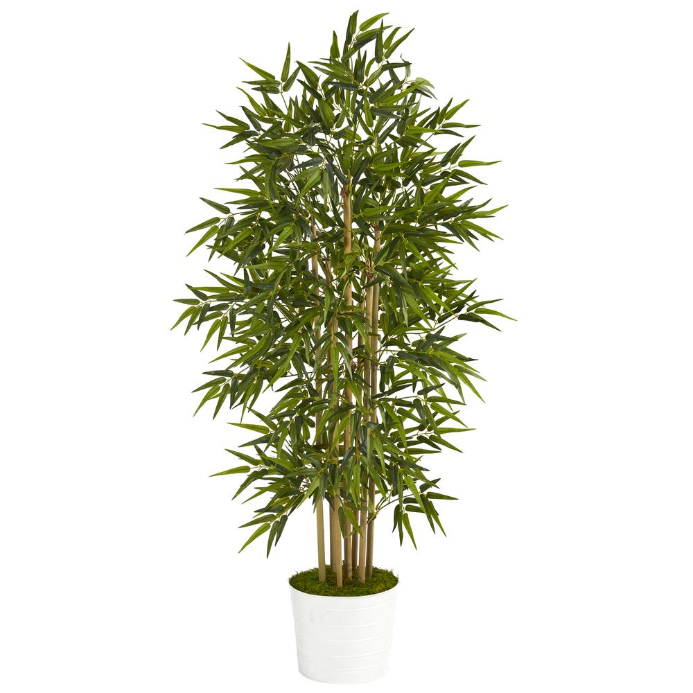 64in. Bamboo Artificial Tree in White Tin Planter. Picture 1