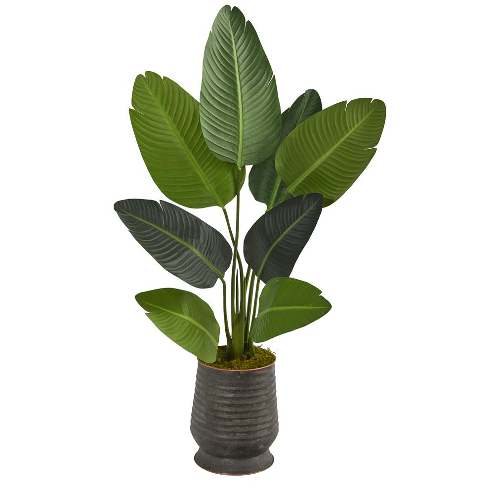 50in. Travelers Palm Artificial Tree in Ribbed Metal Planter. Picture 1