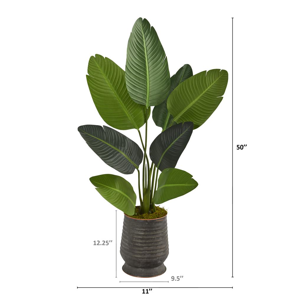 50in. Travelers Palm Artificial Tree in Ribbed Metal Planter. Picture 2