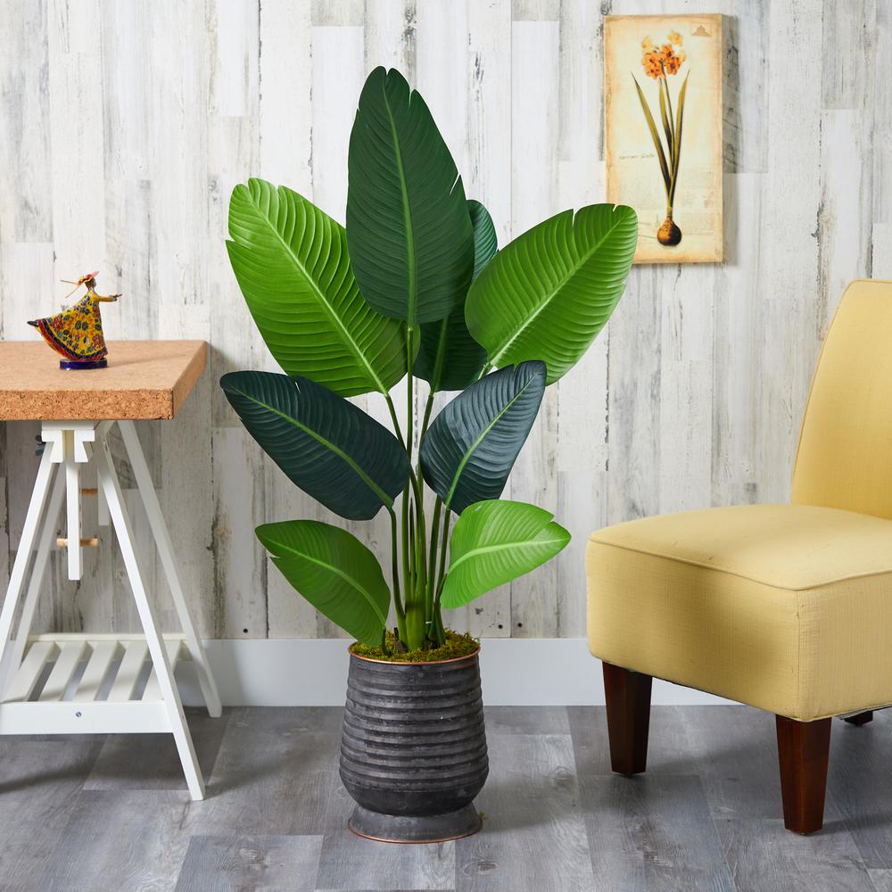 50in. Travelers Palm Artificial Tree in Ribbed Metal Planter. Picture 3