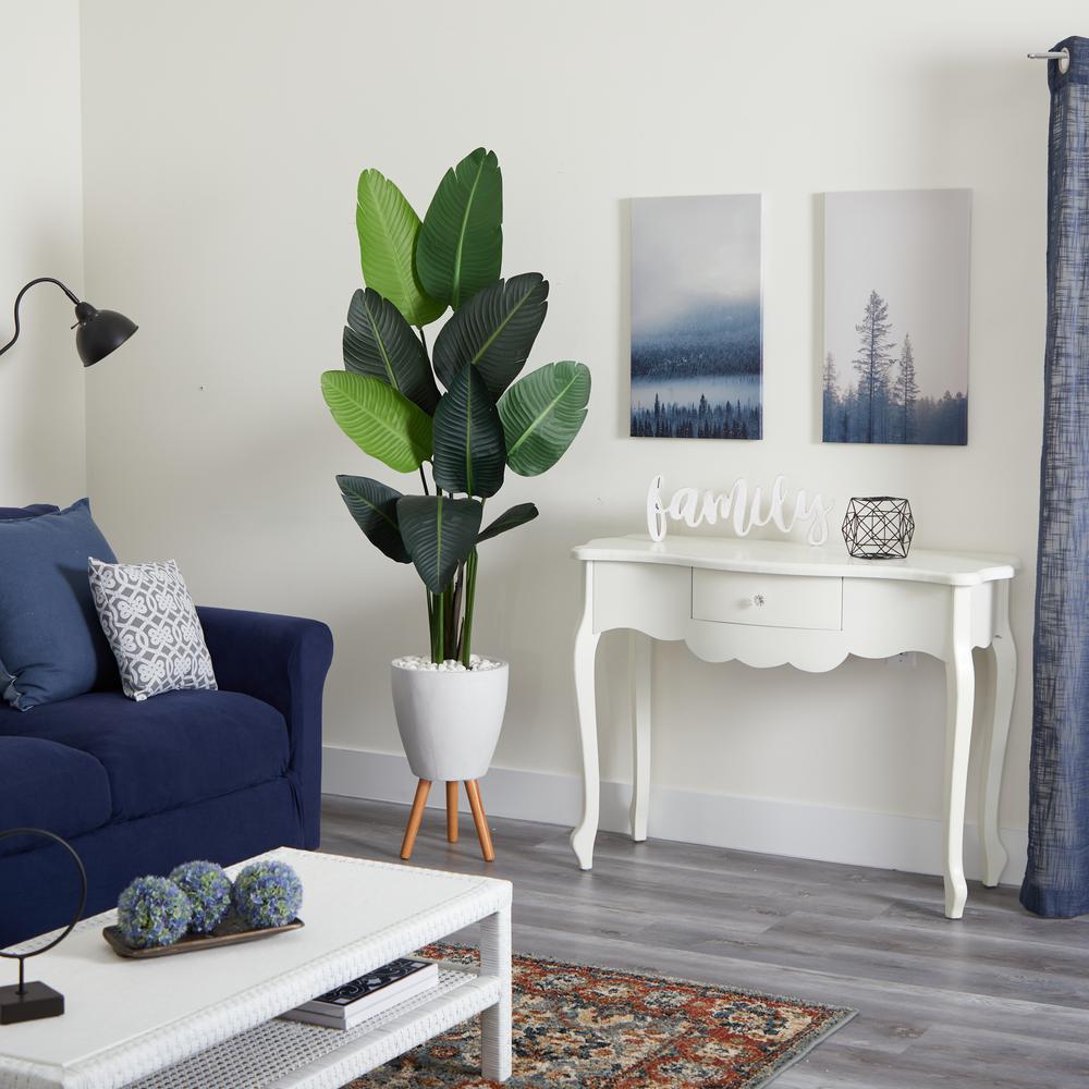 6ft. Travelers Palm Artificial Tree in White Planter with Stand. Picture 3