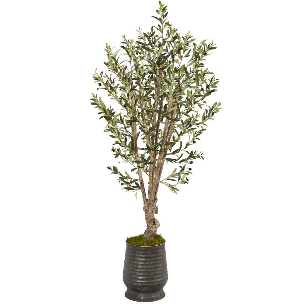 62in. Olive Artificial Tree in Ribbed Metal Planter. Picture 1
