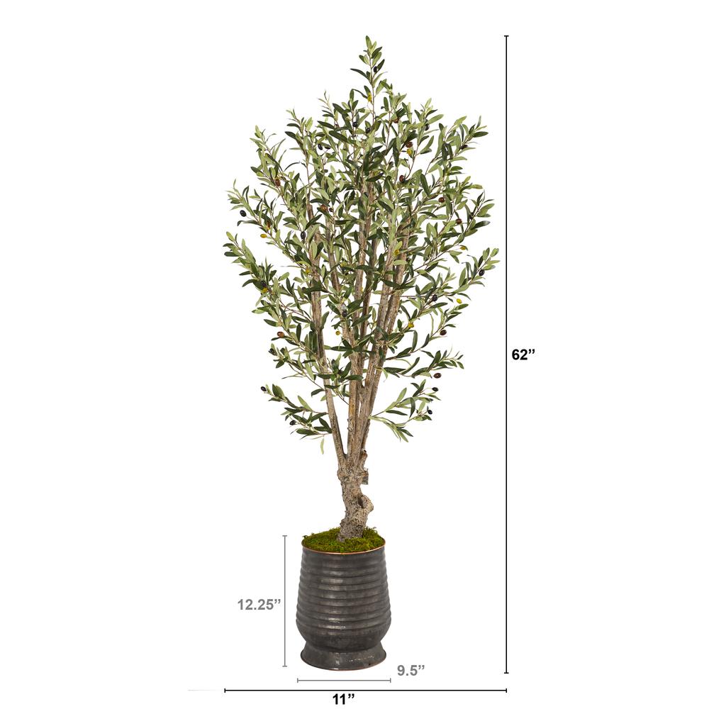62in. Olive Artificial Tree in Ribbed Metal Planter. Picture 2
