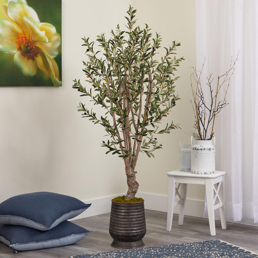 62in. Olive Artificial Tree in Ribbed Metal Planter. Picture 3