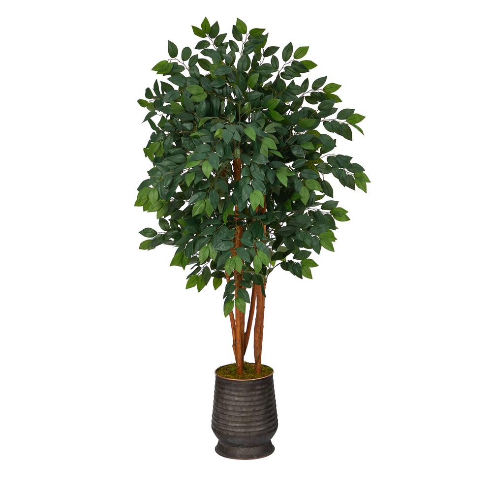 57in. Sakaki Artificial Tree in Ribbed Metal Planter. Picture 1