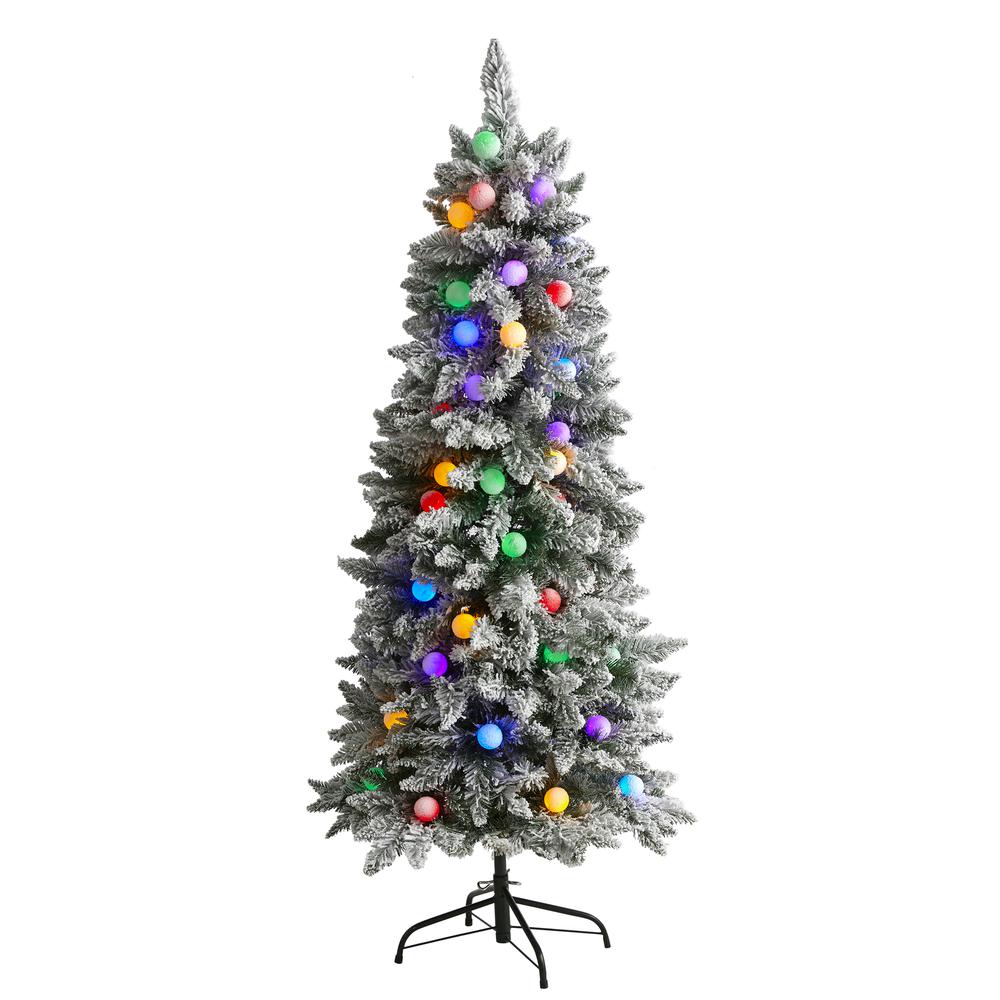 5ft. Flocked British Columbia Mountain Fir Artificial Christmas Tree in with 50 Multi Color Globe Bulbs and 379 Bendable Branches. Picture 4
