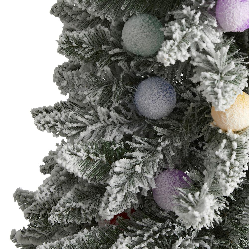 5ft. Flocked British Columbia Mountain Fir Artificial Christmas Tree in with 50 Multi Color Globe Bulbs and 379 Bendable Branches. Picture 2