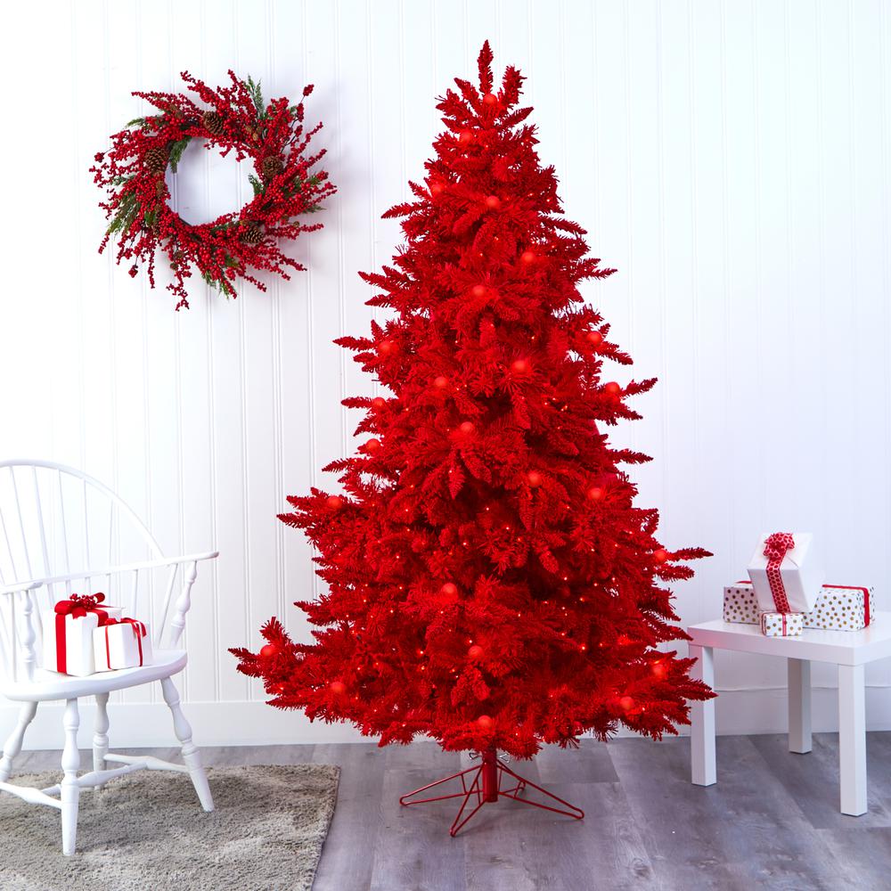 7ft. Red Flocked Fraser Fir Artificial Christmas Tree. Picture 5