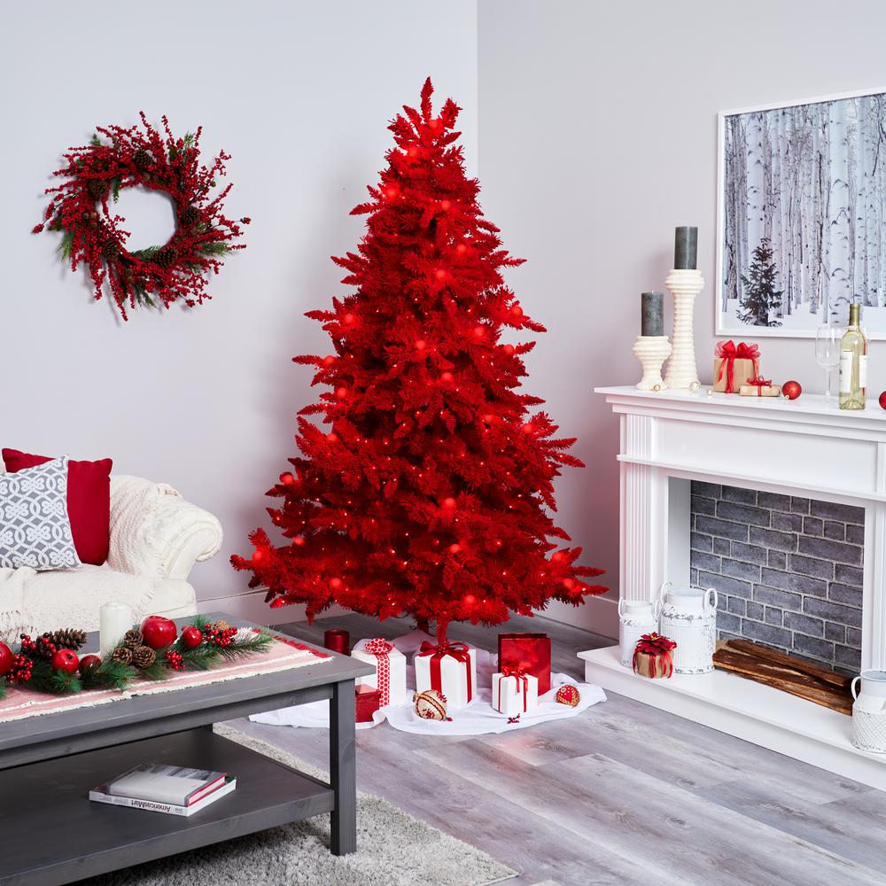 7ft. Red Flocked Fraser Fir Artificial Christmas Tree. Picture 6