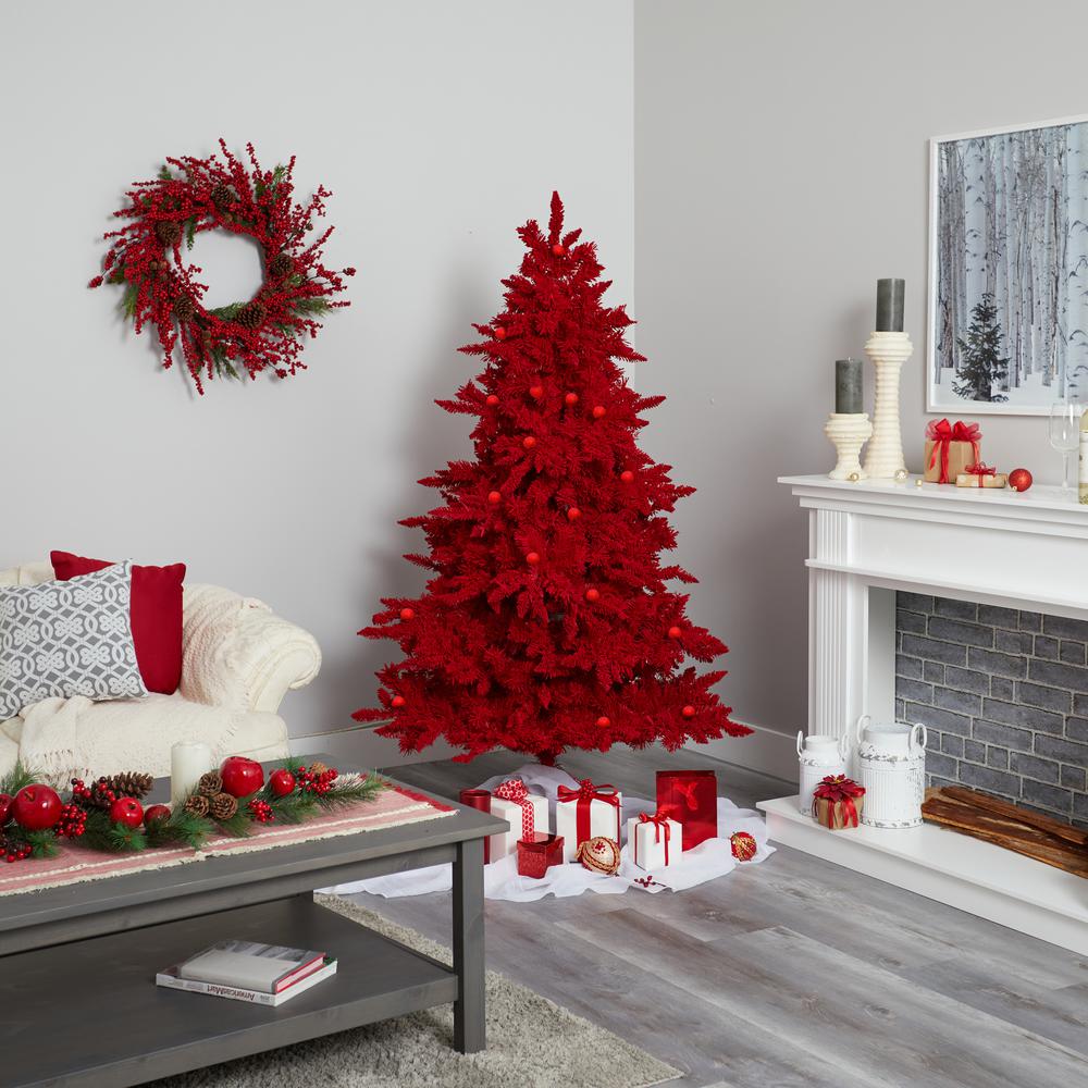 7ft. Red Flocked Fraser Fir Artificial Christmas Tree. Picture 7