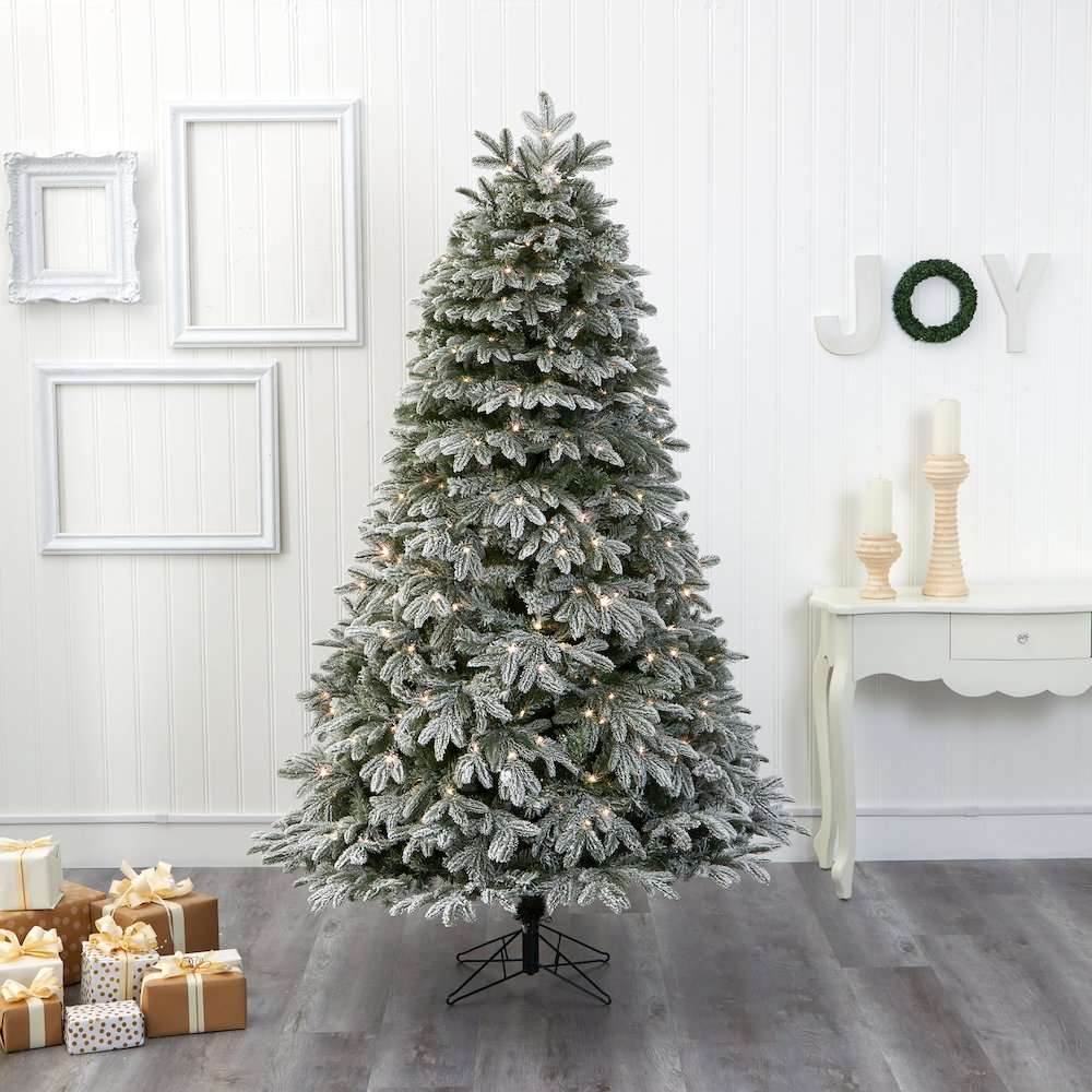 7ft. Flocked Colorado Mountain Fir Christmas Tree with 700 Warm LED Lights. Picture 6