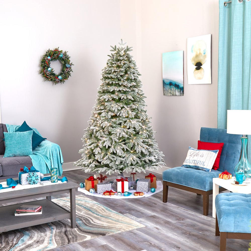 7ft. Flocked Colorado Mountain Fir Christmas Tree with 700 Warm LED Lights. Picture 7