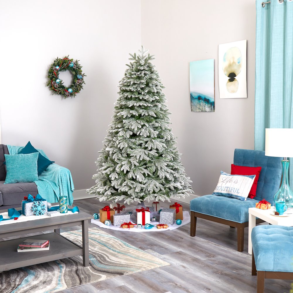 7ft. Flocked Colorado Mountain Fir Christmas Tree with 700 Warm LED Lights. Picture 8
