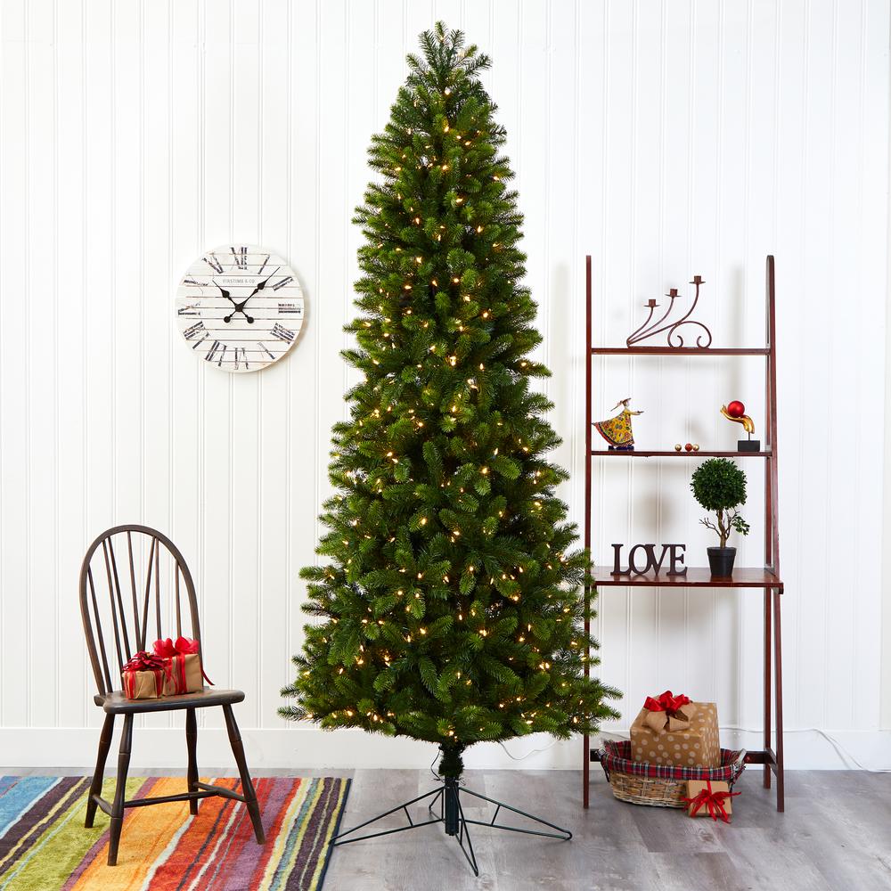 8ft. Slim Virginia Spruce Artificial Christmas Tree with LED Lights. Picture 7