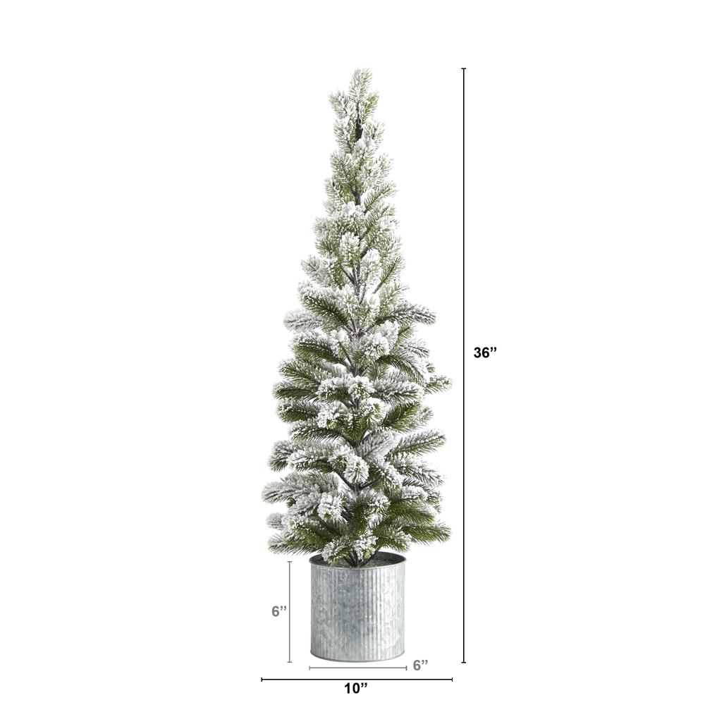 3ft. Flocked Christmas Artificial Pine Tree in Tin Planter. Picture 1