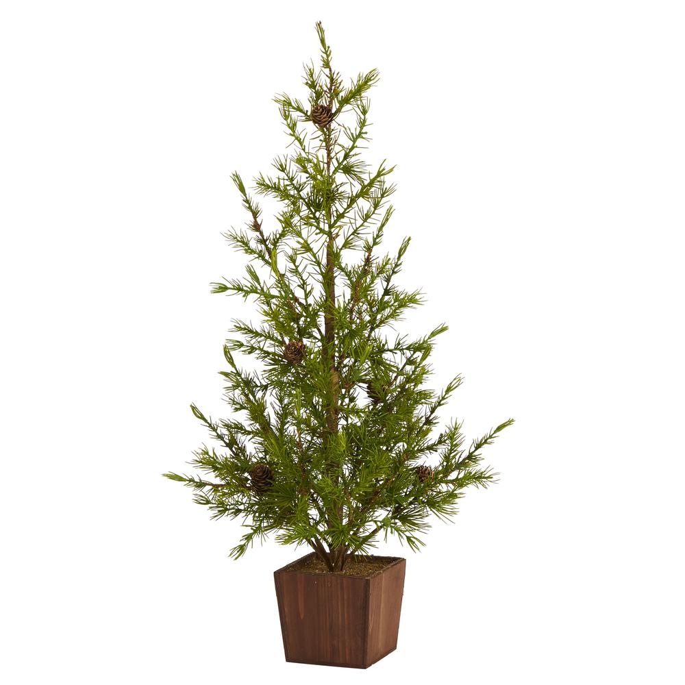 28in. Alpine Natural Look Artificial Christmas Tree in Wood Planter with Pine Cones. Picture 4