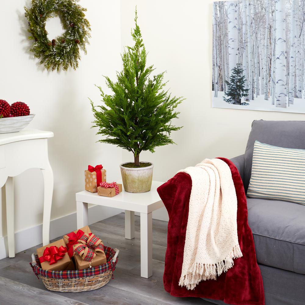 3.5ft. Cedar Pine Natural Look Artificial Tree in Decorative Planter. Picture 4