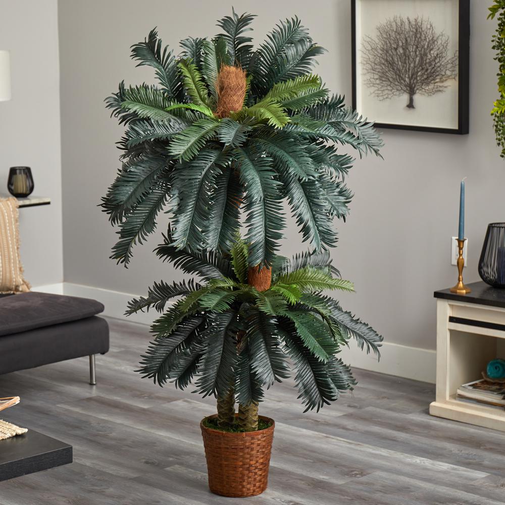 5ft. and 3ft. Double Sago Palm Artificial Tree with Basket. Picture 3