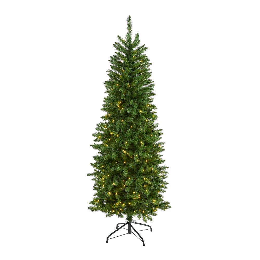 6ft. Slim Green Mountain Pine Artificial Christmas Tree with 250 Clear LED Lights. Picture 1