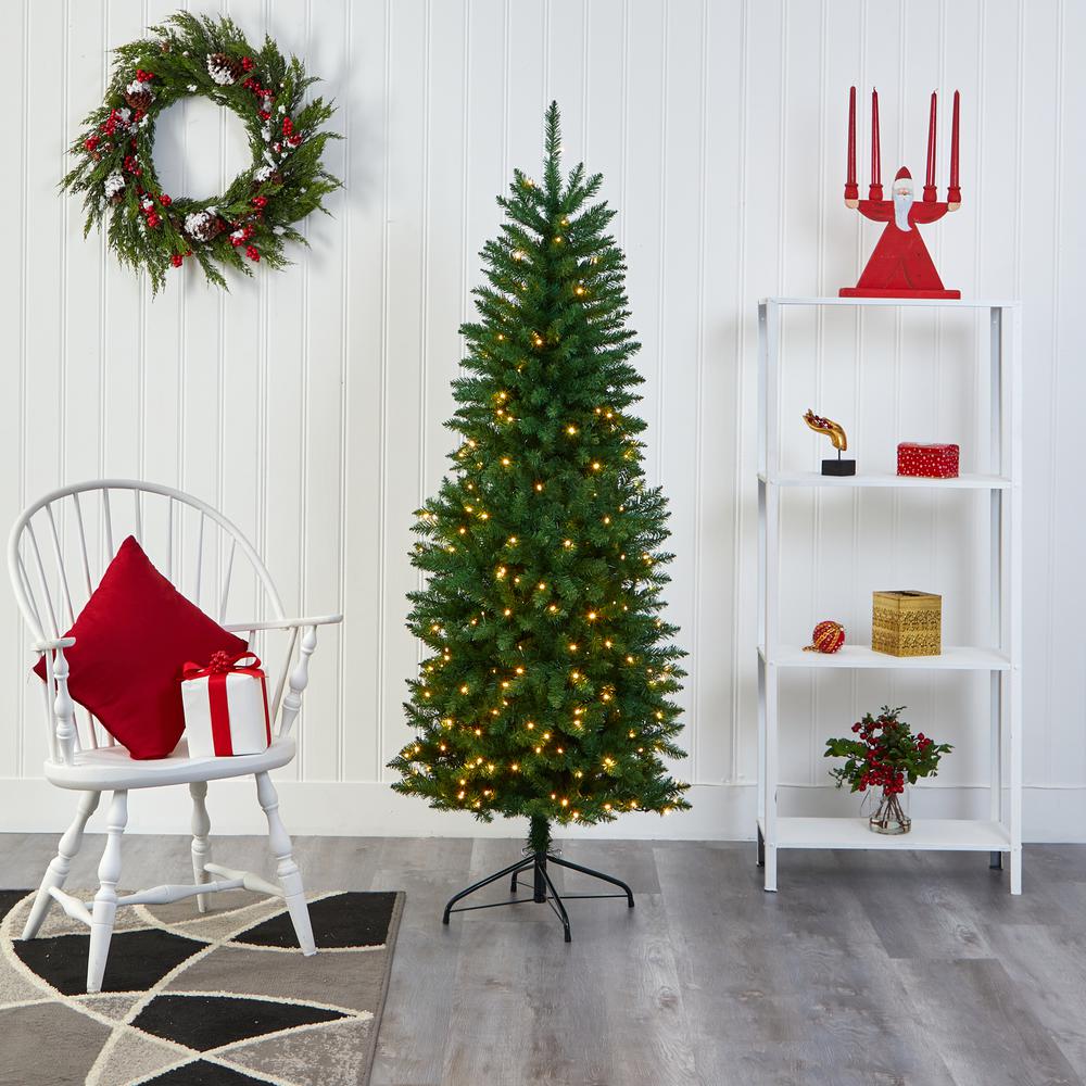 6ft. Slim Green Mountain Pine Artificial Christmas Tree with 250 Clear LED Lights. Picture 7