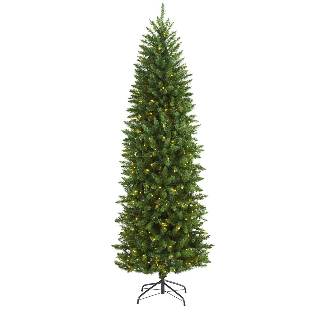6.5ft. Slim Green Mountain Pine Artificial Christmas Tree with 300 Clear LED Lights. Picture 1