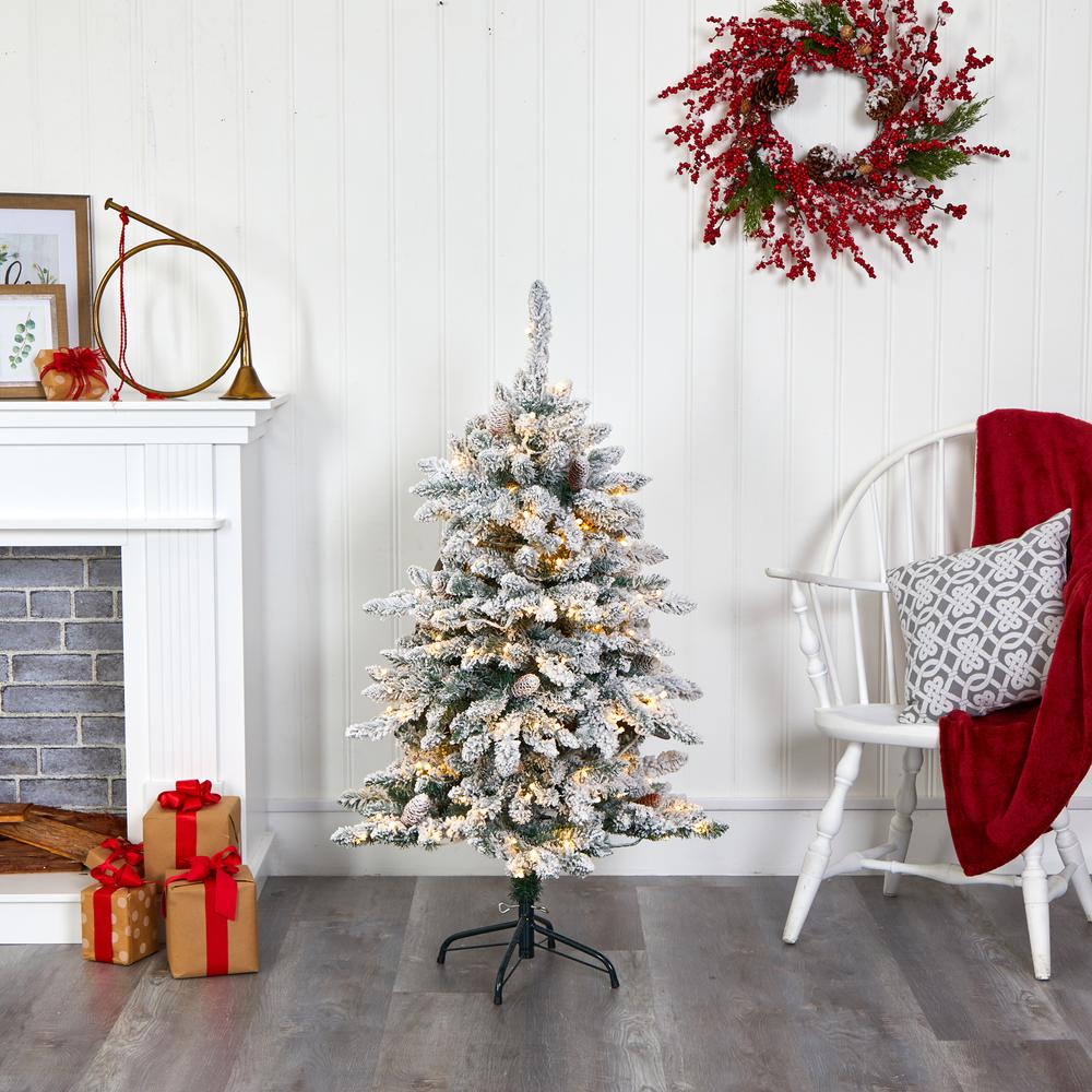4ft. Flocked Livingston Fir Artificial Christmas Tree with Pine Cones and 150 Clear Warm LED Lights. Picture 7