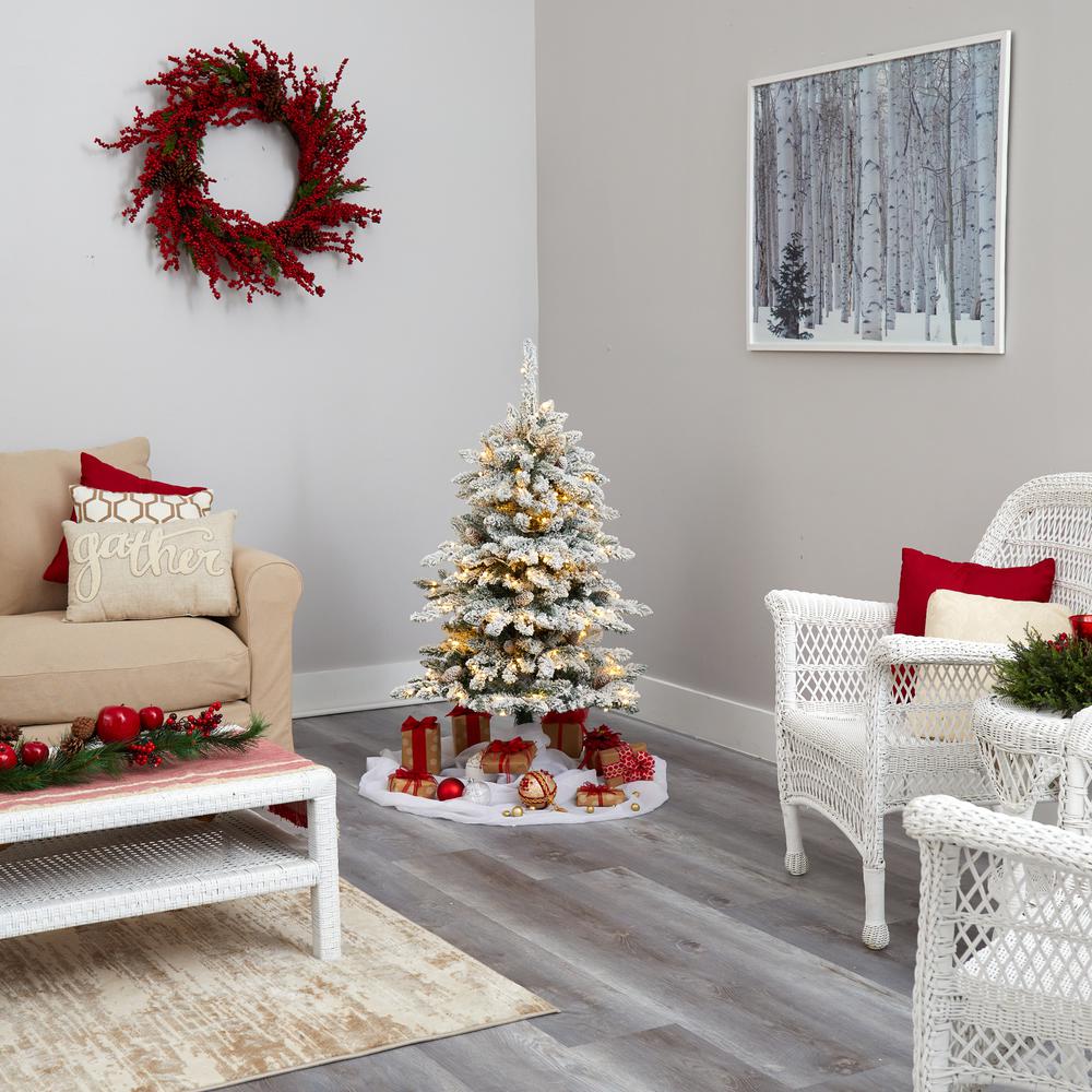 4ft. Flocked Livingston Fir Artificial Christmas Tree with Pine Cones and 150 Clear Warm LED Lights. Picture 5