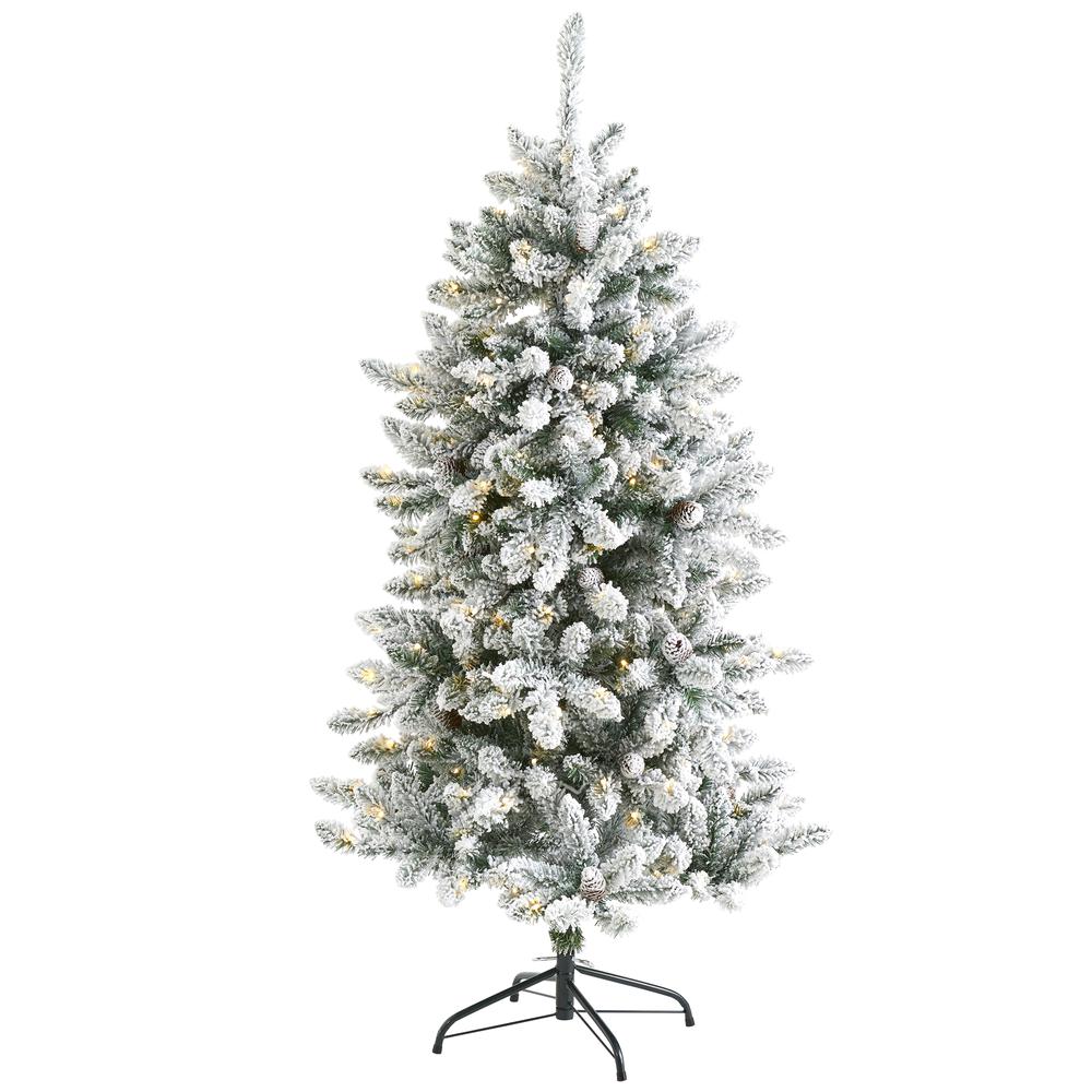 5ft. Flocked Livingston Fir Artificial Christmas Tree with Pine Cones and 200 Clear Warm LED Lights. Picture 1