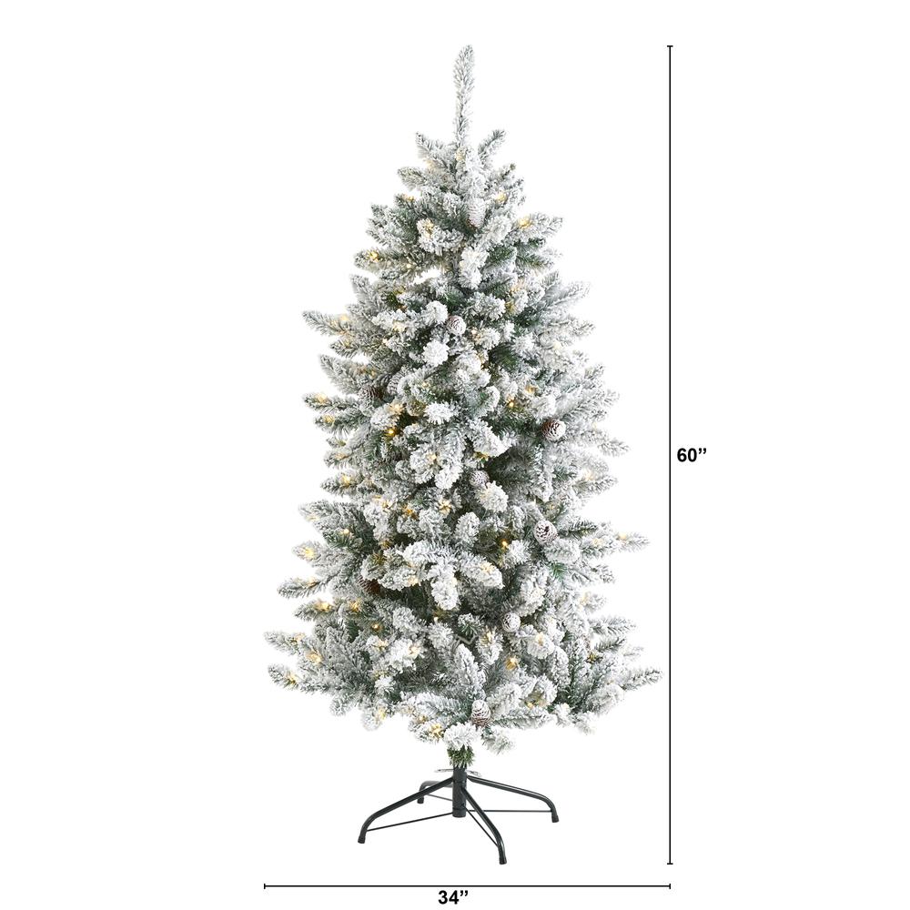 5ft. Flocked Livingston Fir Artificial Christmas Tree with Pine Cones and 200 Clear Warm LED Lights. Picture 2