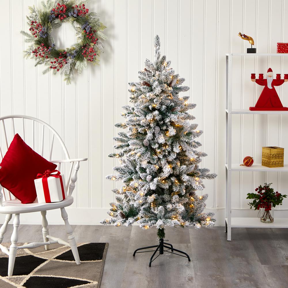 5ft. Flocked Livingston Fir Artificial Christmas Tree with Pine Cones and 200 Clear Warm LED Lights. Picture 7