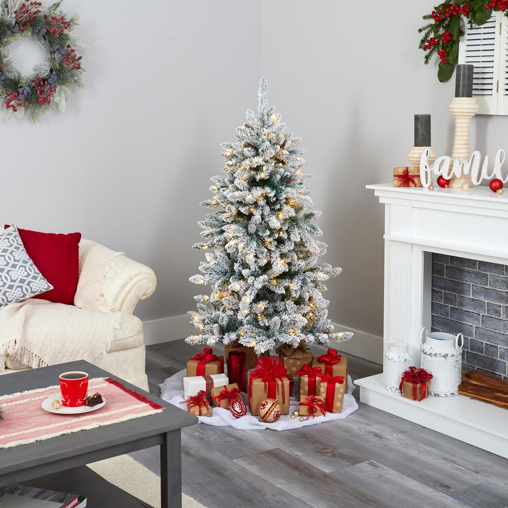 5ft. Flocked Livingston Fir Artificial Christmas Tree with Pine Cones and 200 Clear Warm LED Lights. Picture 5