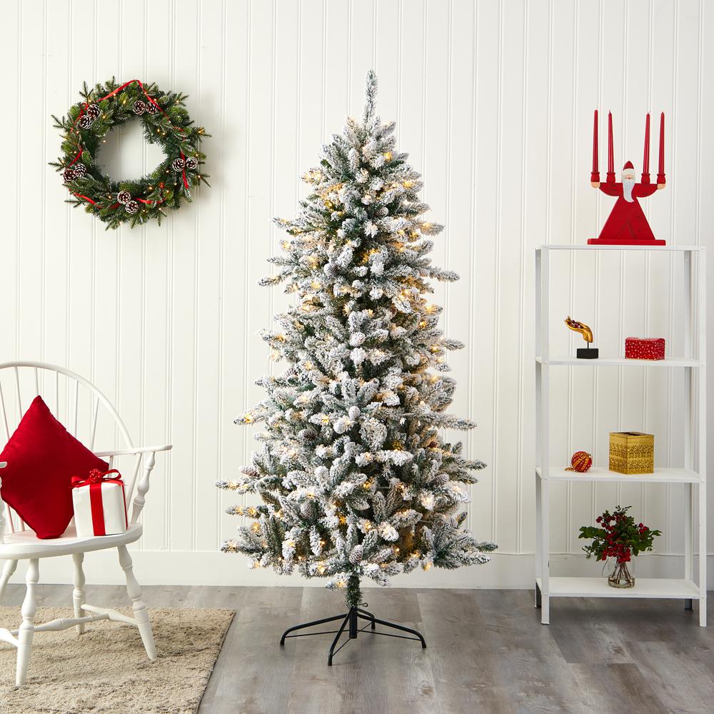 6ft. Flocked Livingston Fir Artificial Christmas Tree with Pine Cones and 300 Clear Warm LED Lights. Picture 7