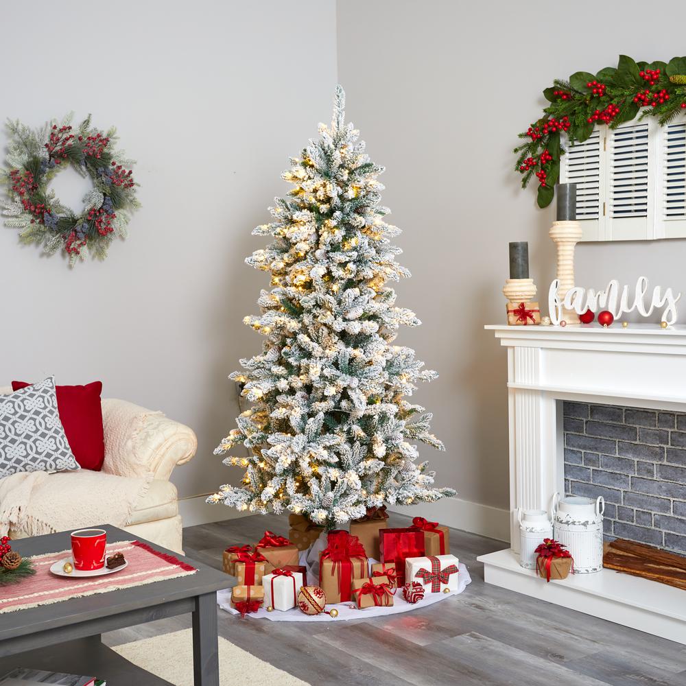 6ft. Flocked Livingston Fir Artificial Christmas Tree with Pine Cones and 300 Clear Warm LED Lights. Picture 5