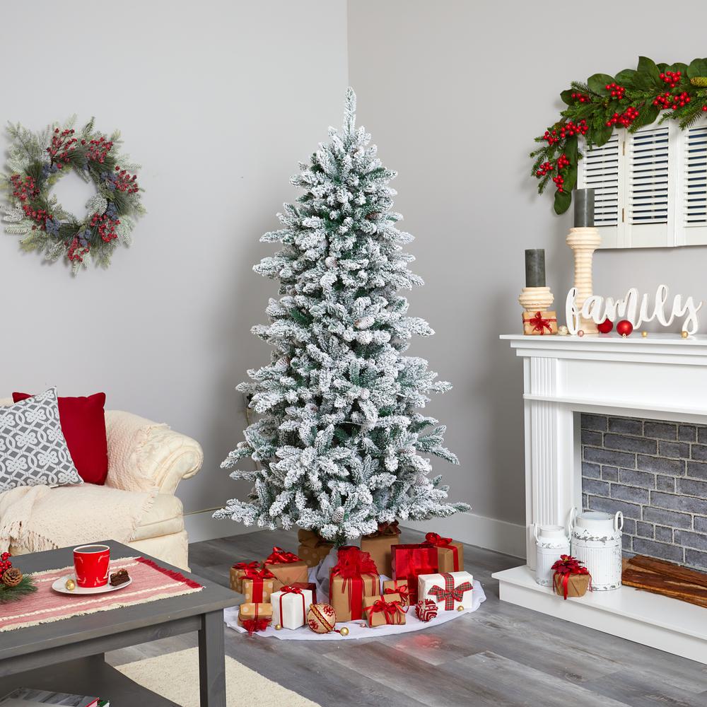 6ft. Flocked Livingston Fir Artificial Christmas Tree with Pine Cones and 300 Clear Warm LED Lights. Picture 6