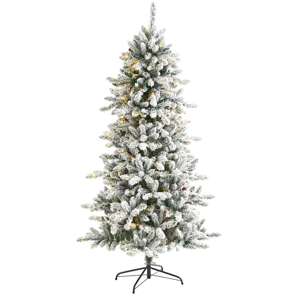 6.5ft. Flocked Livingston Fir Artificial Christmas Tree with Pine Cones and 300 Clear Warm LED Lights. Picture 1