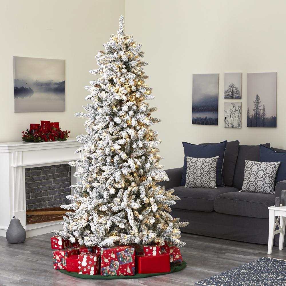 7.5ft. Flocked Livingston Fir Artificial Christmas Tree with Pine Cones and 500 Clear Warm LED Lights. Picture 8
