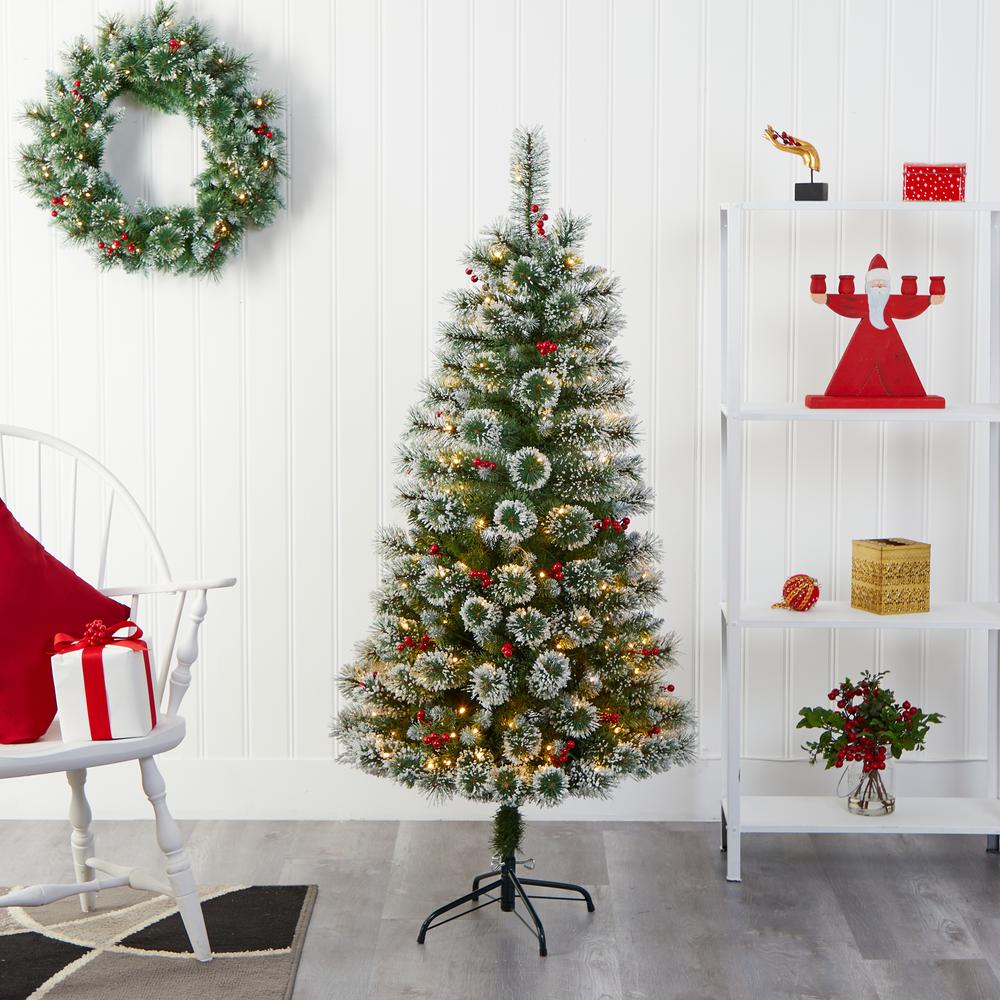 5ft. Frosted Swiss Pine Artificial Christmas Tree with 200 Clear LED Lights and Berries. Picture 7