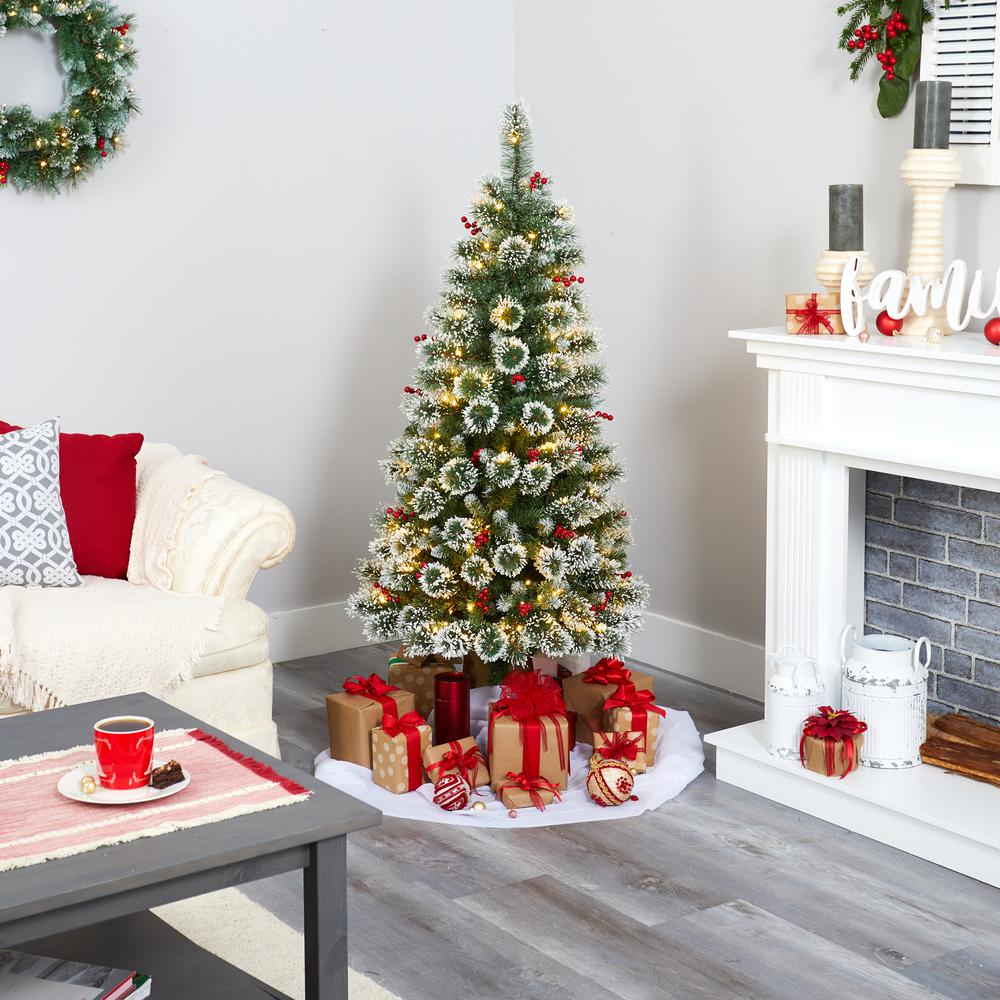 5ft. Frosted Swiss Pine Artificial Christmas Tree with 200 Clear LED Lights and Berries. Picture 5