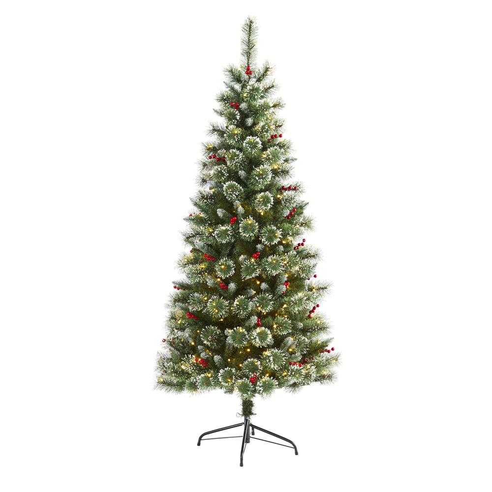 6ft. Frosted Swiss Pine Artificial Christmas Tree with 300 Clear LED Lights and Berries. Picture 1