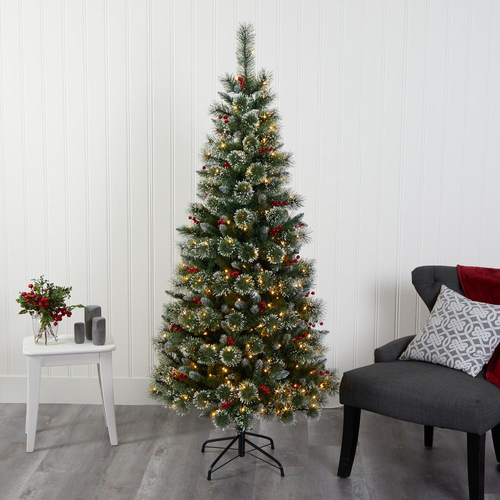6ft. Frosted Swiss Pine Artificial Christmas Tree with 300 Clear LED Lights and Berries. Picture 7