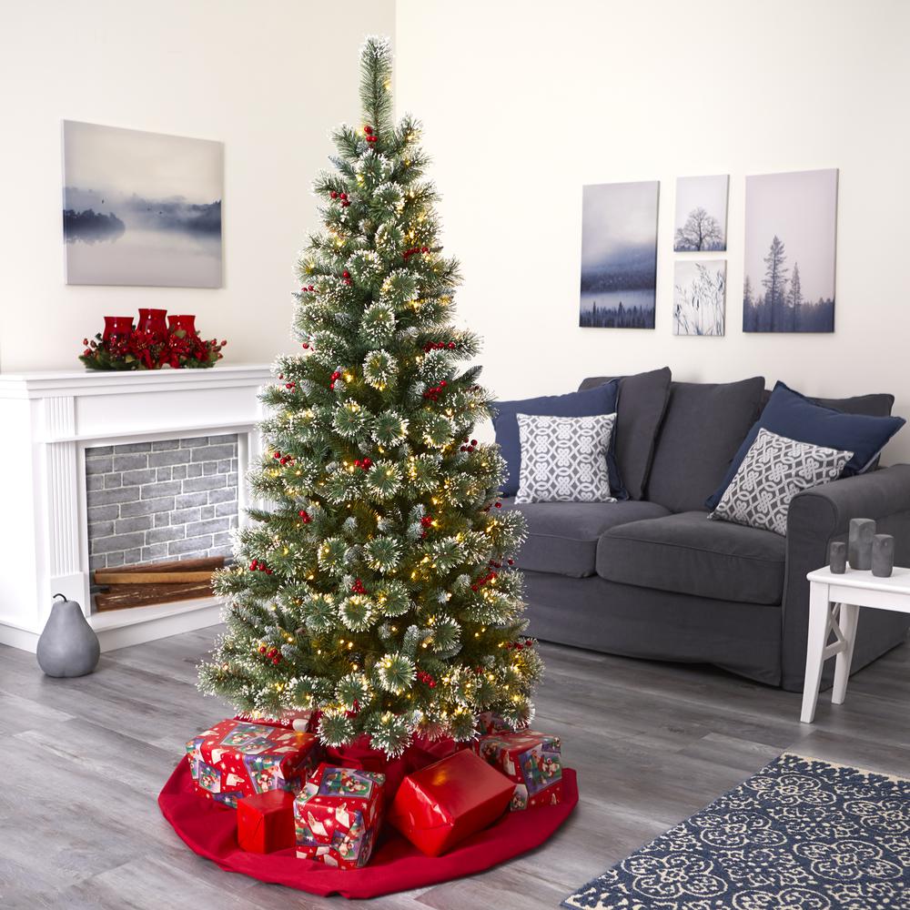 6ft. Frosted Swiss Pine Artificial Christmas Tree with 300 Clear LED Lights and Berries. Picture 6