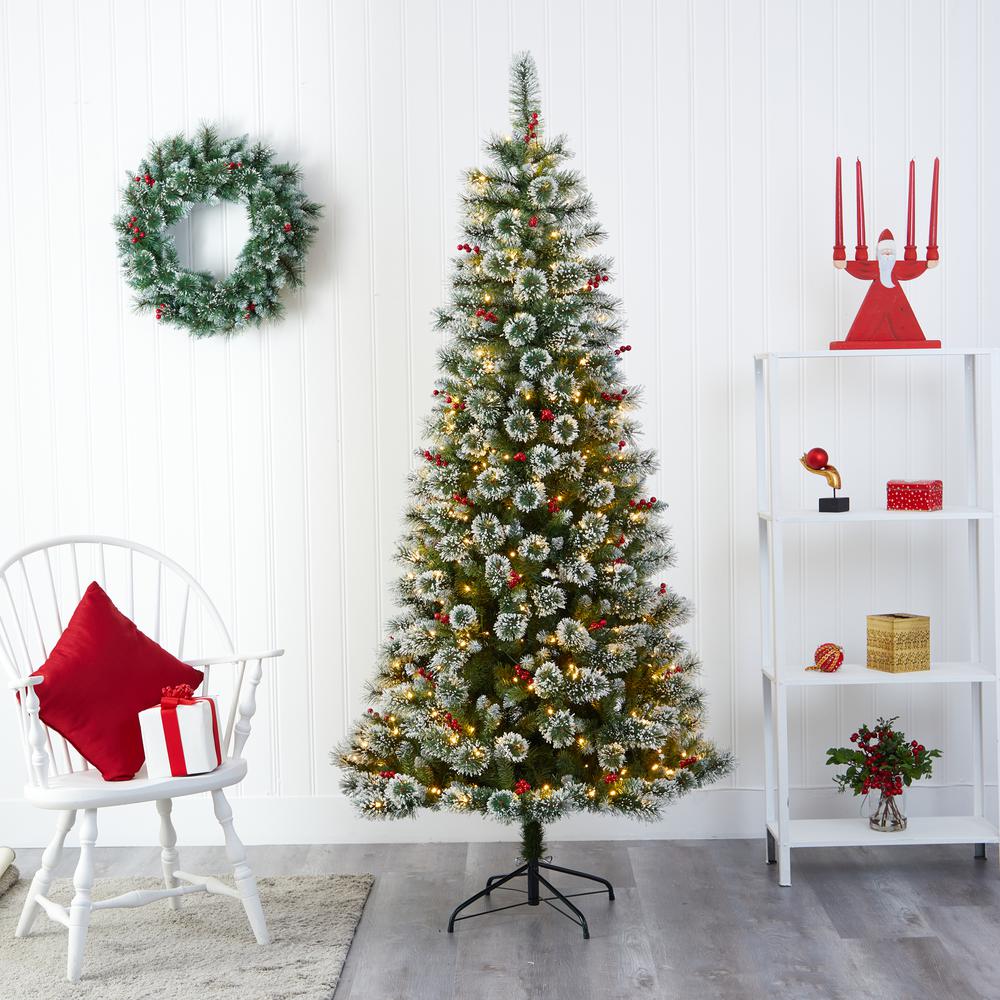 7ft. Frosted Swiss Pine Artificial Christmas Tree with 400 Clear LED Lights and Berries. Picture 7