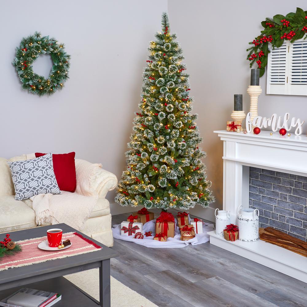 7ft. Frosted Swiss Pine Artificial Christmas Tree with 400 Clear LED Lights and Berries. Picture 5