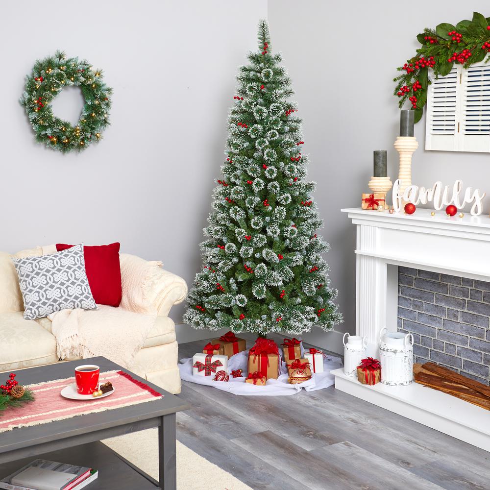 7ft. Frosted Swiss Pine Artificial Christmas Tree with 400 Clear LED Lights and Berries. Picture 6