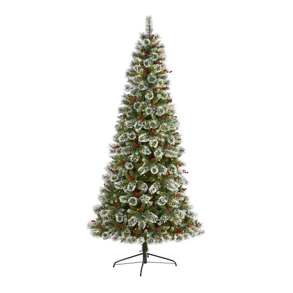 8ft. Frosted Swiss Pine Artificial Christmas Tree with 550 Clear LED Lights and Berries. Picture 1