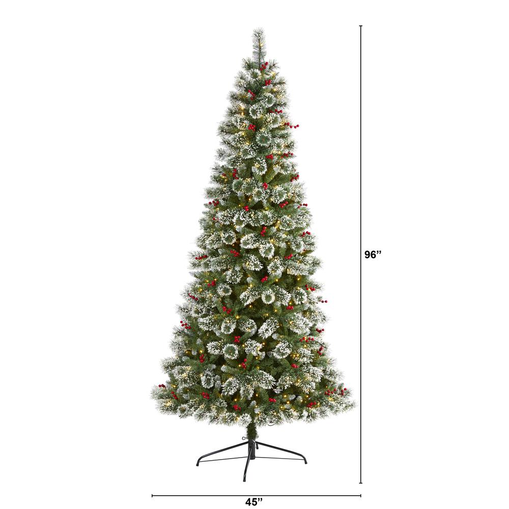 8ft. Frosted Swiss Pine Artificial Christmas Tree with 550 Clear LED Lights and Berries. Picture 2