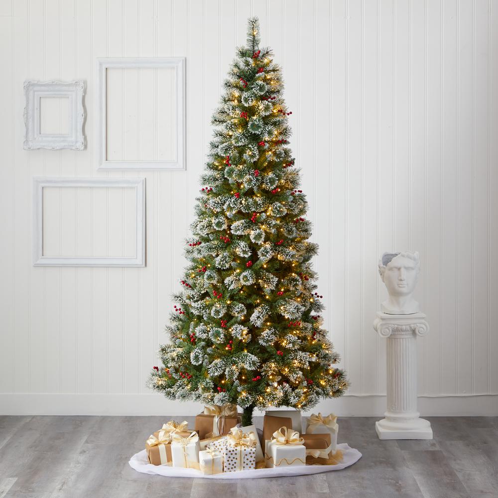 8ft. Frosted Swiss Pine Artificial Christmas Tree with 550 Clear LED Lights and Berries. Picture 7