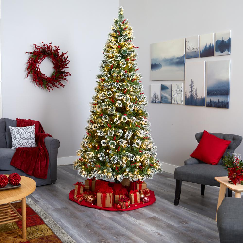 8ft. Frosted Swiss Pine Artificial Christmas Tree with 550 Clear LED Lights and Berries. Picture 5