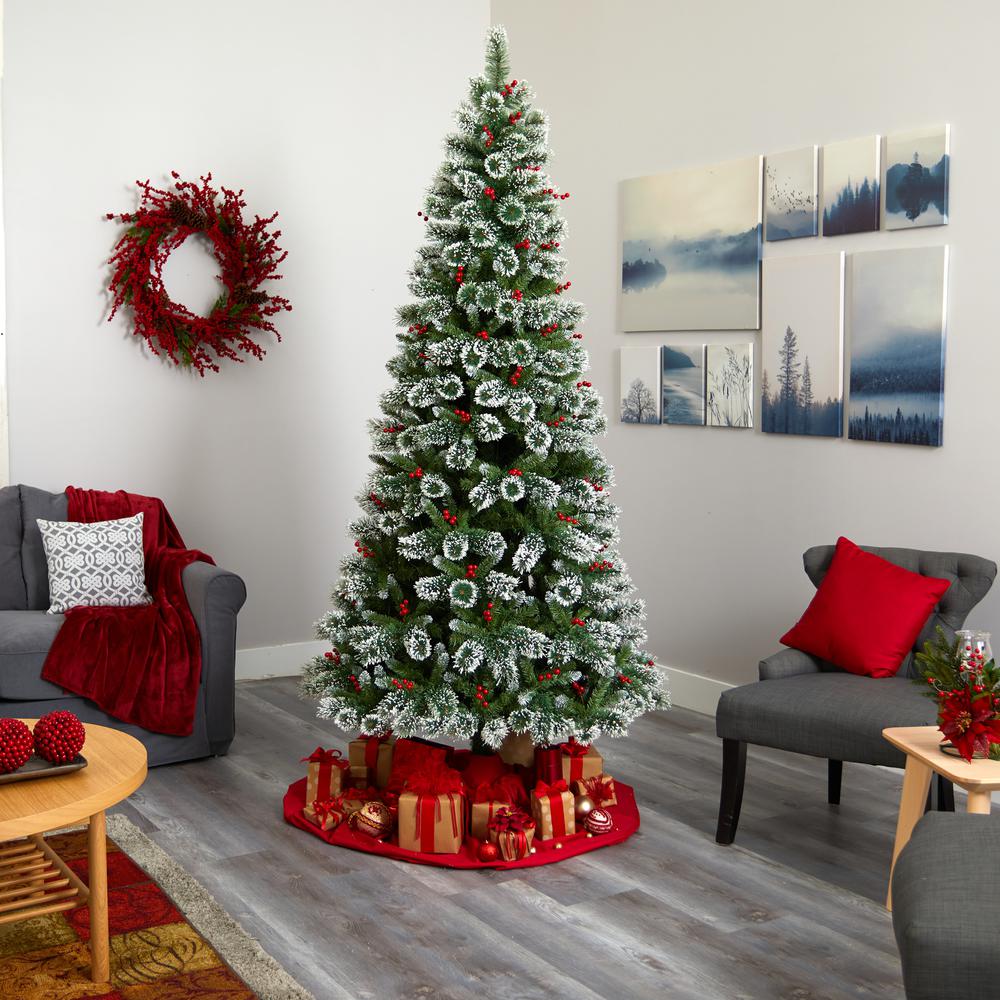 8ft. Frosted Swiss Pine Artificial Christmas Tree with 550 Clear LED Lights and Berries. Picture 6
